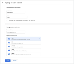Schermata di configurazione di un nuovo account su Google Tag Manager